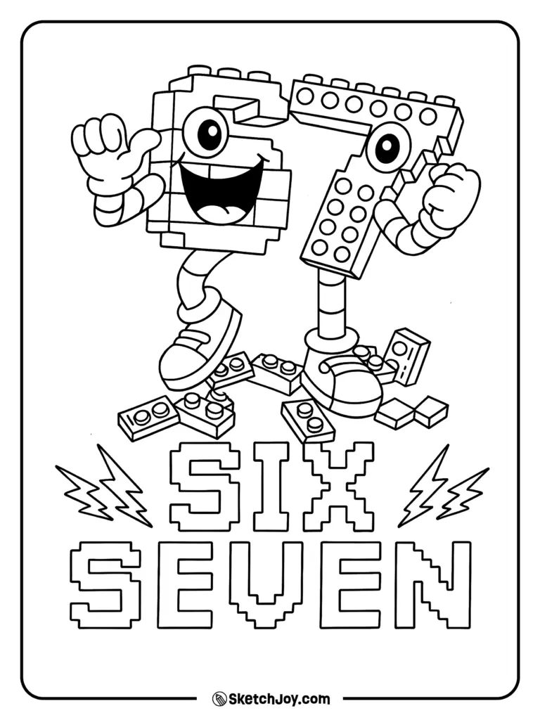 Black-and-white cartoon LEGO number seven with smiling face and shoes