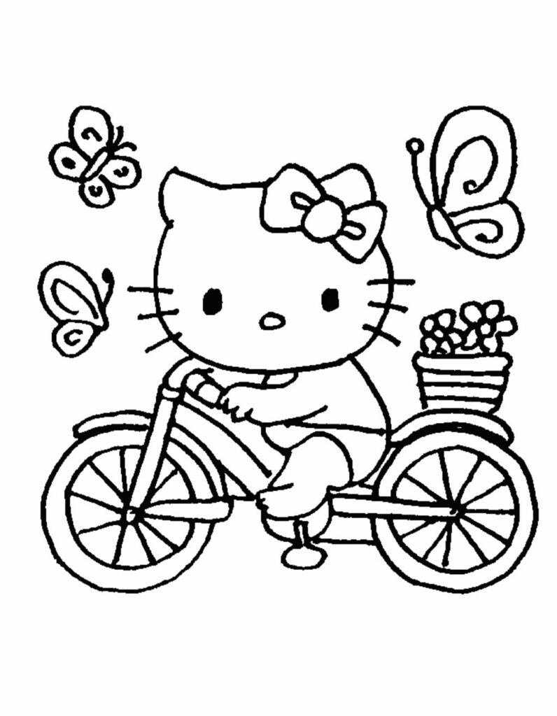 Hello Kitty on bicycle with butterflies and flowers