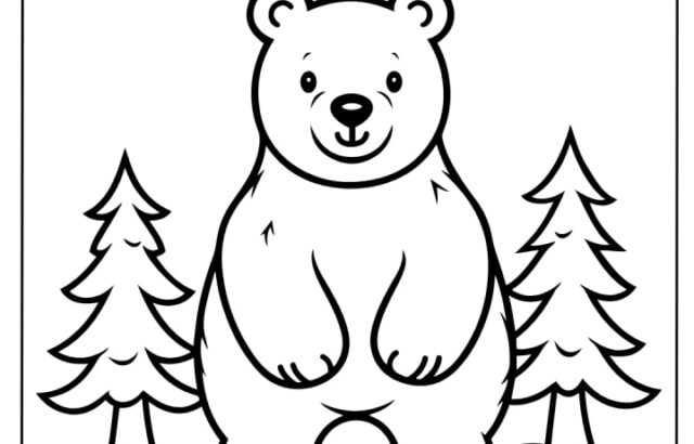 Cartoon bear standing between two pine trees