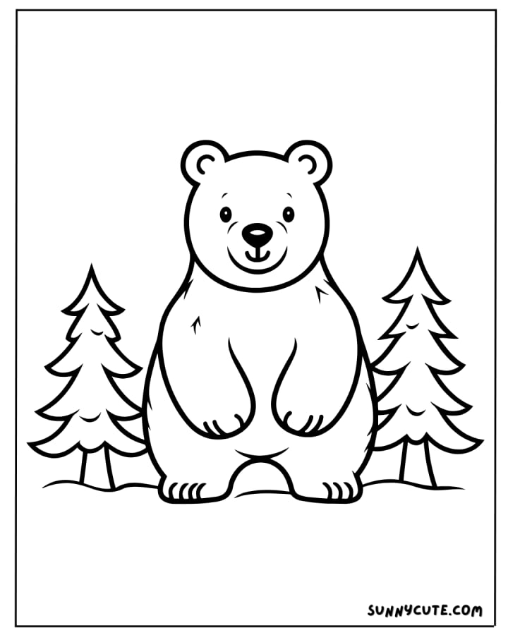 Cartoon bear standing between two pine trees