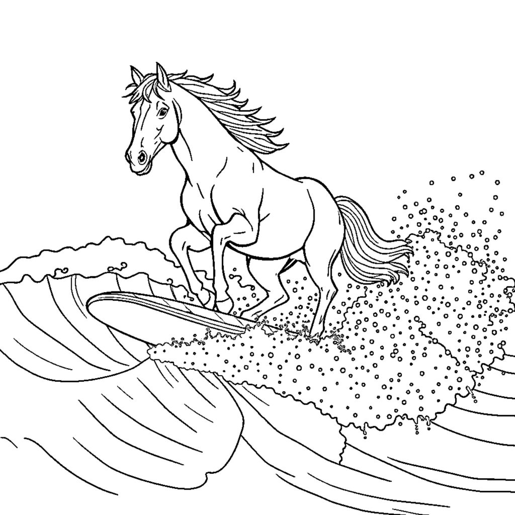 Line drawing of horse surfing on a wave