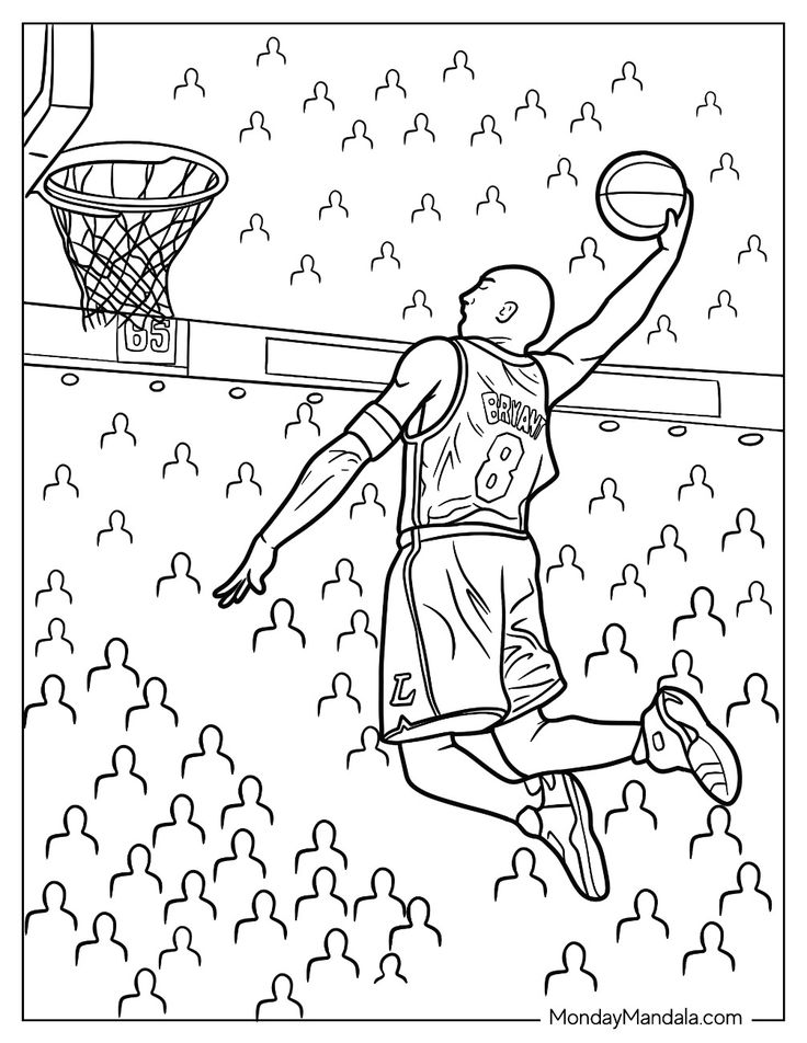Black-and-white basketball player dunking near hoop, crowd background