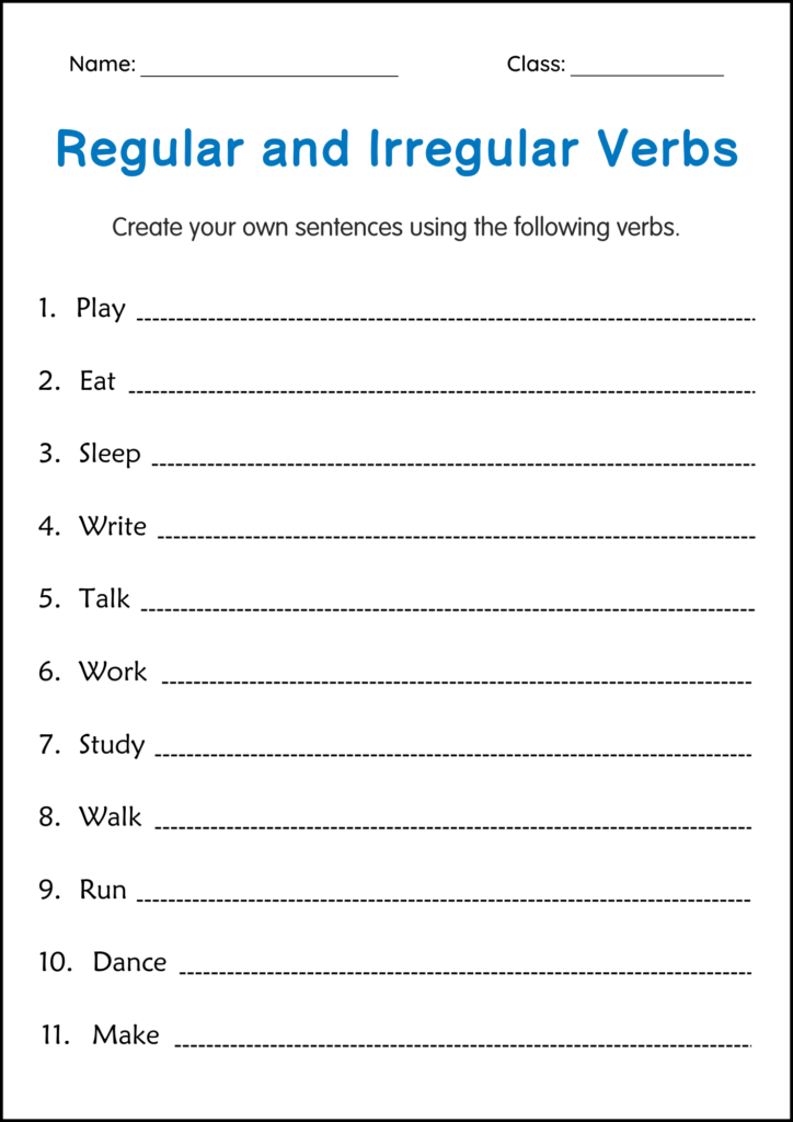 Grammar worksheet titled Regular and Irregular Verbs