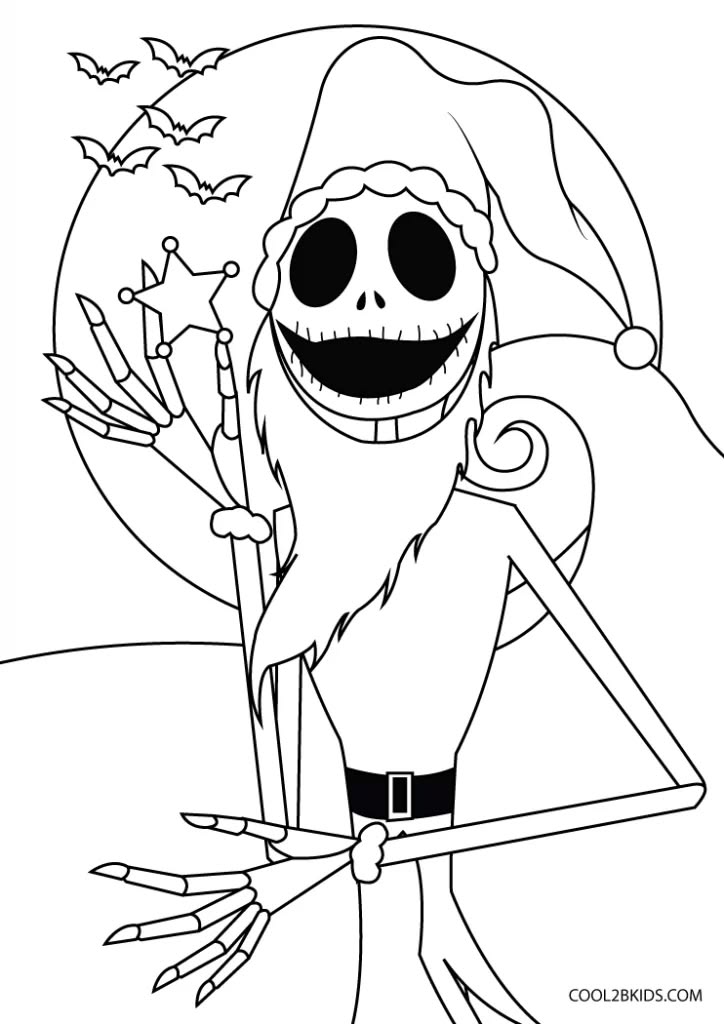 Santa skeleton holding broom and bats coloring page