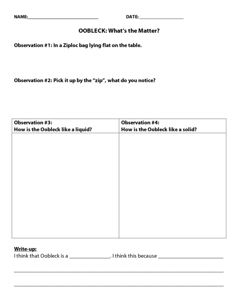 Oobleck observation worksheet with blank response boxes