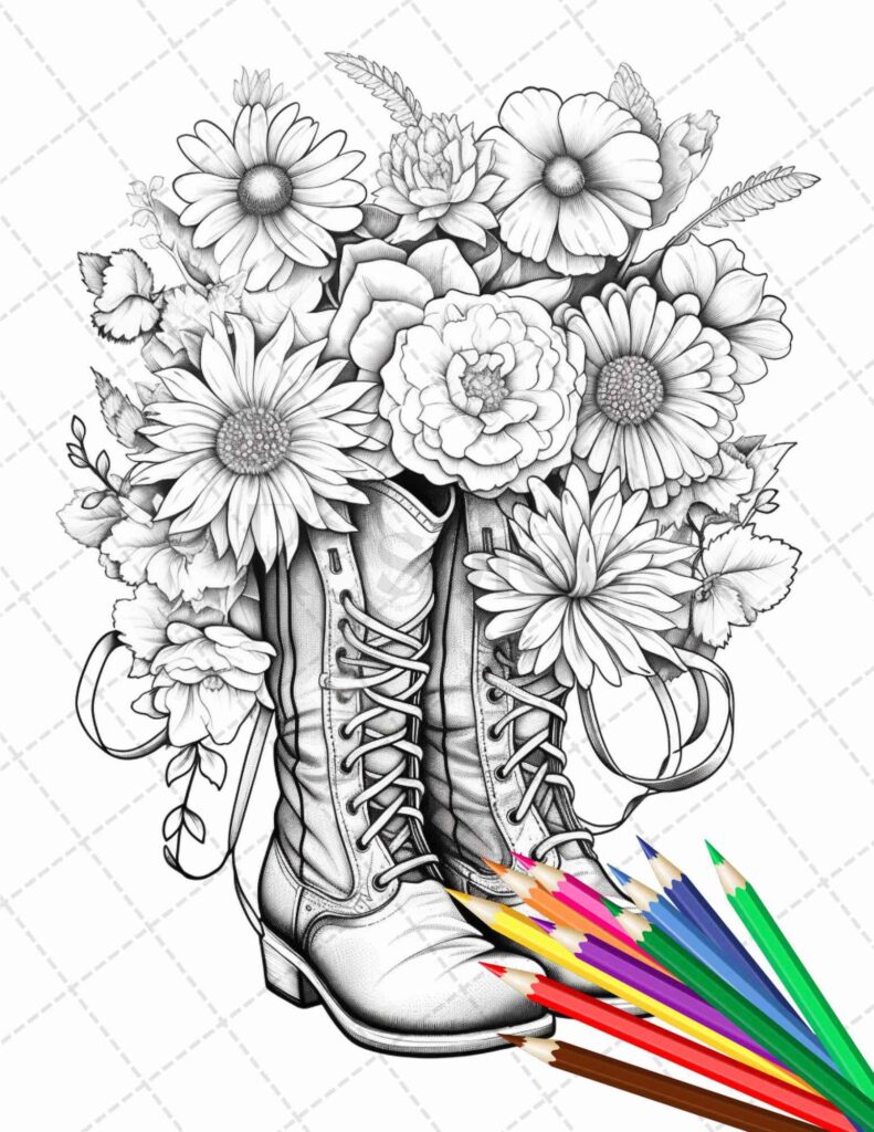 Black-and-white boots surrounded by flowers, colored pencils bottom right