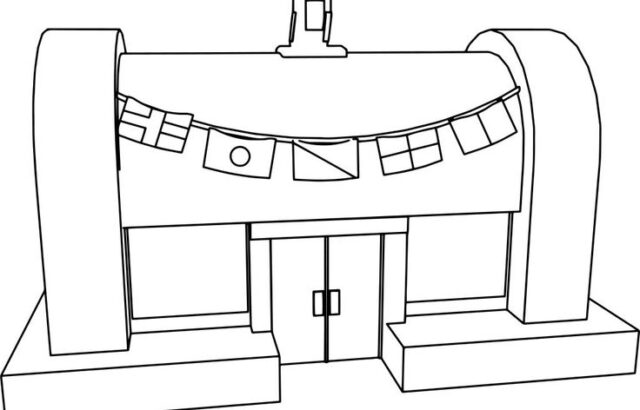 Simple line drawing of a two-story building with flags