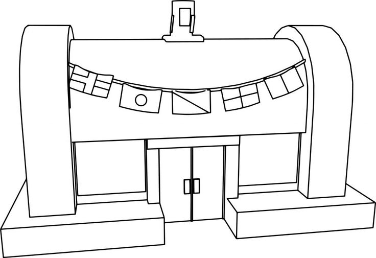 Simple line drawing of a two-story building with flags