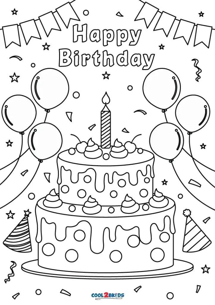 Birthday cake with balloons and party decorations coloring page