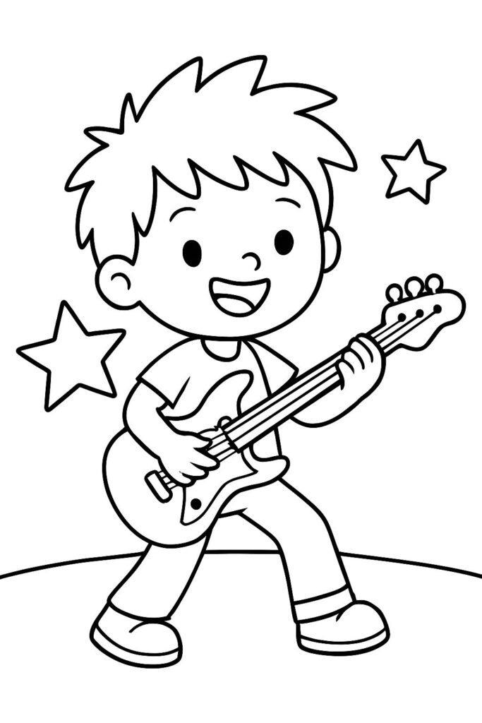 Cartoon boy playing electric guitar with stars
