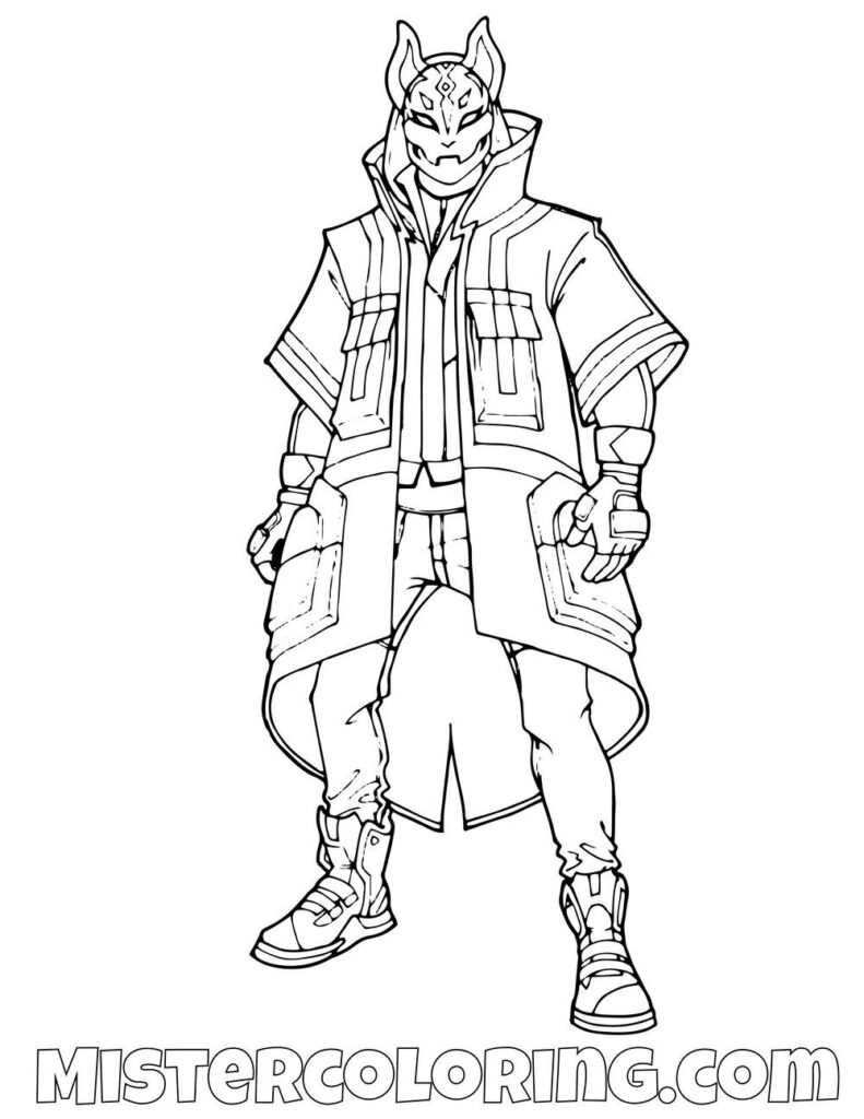 Line drawing of masked armored character standing front-facing