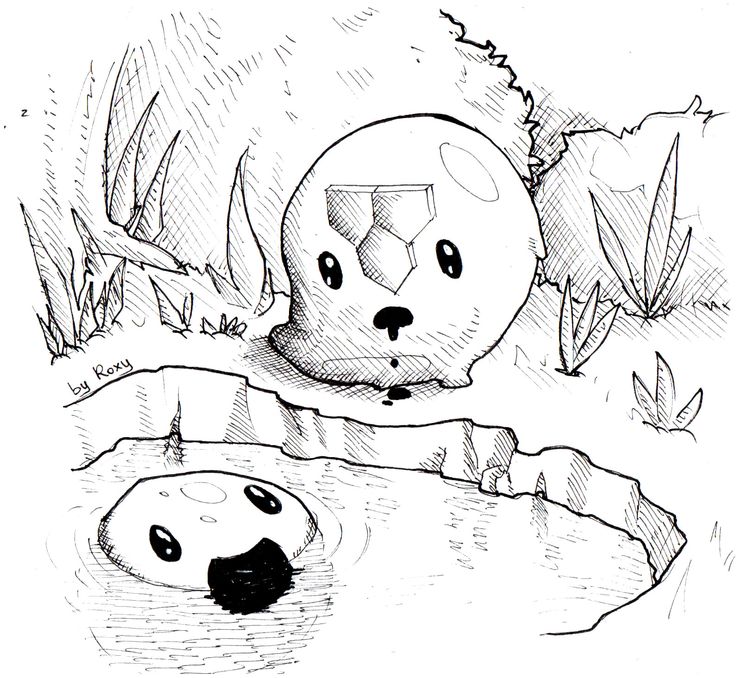Black-and-white drawing of two cute blob creatures outdoors