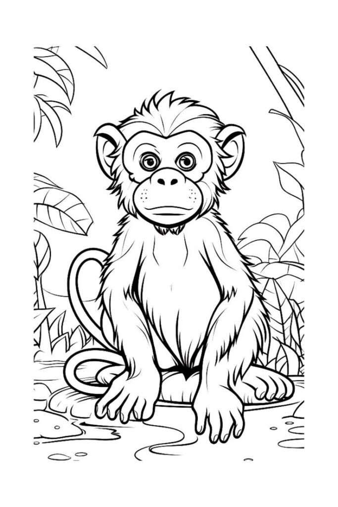 Black-and-white monkey coloring page in jungle setting