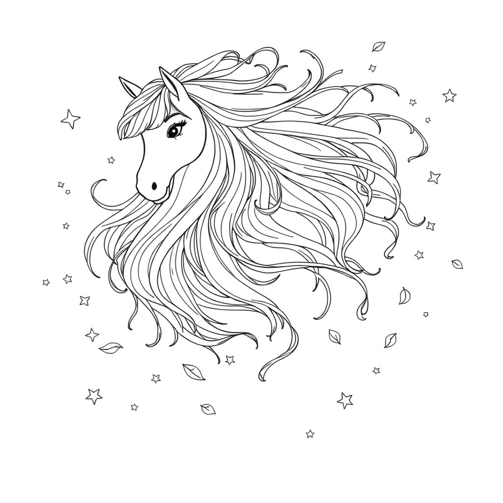 Line drawing of unicorn head with flowing mane and stars