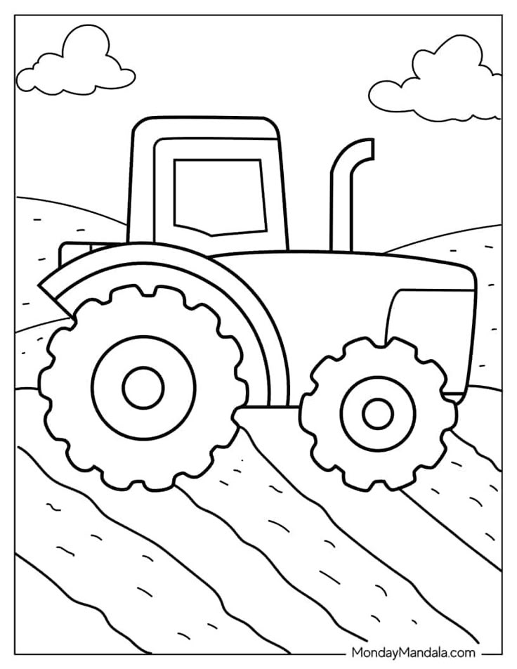 Line drawing of a tractor in a field with clouds