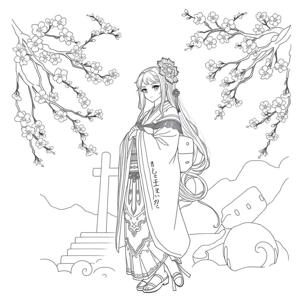 Anime girl in kimono beneath cherry blossoms