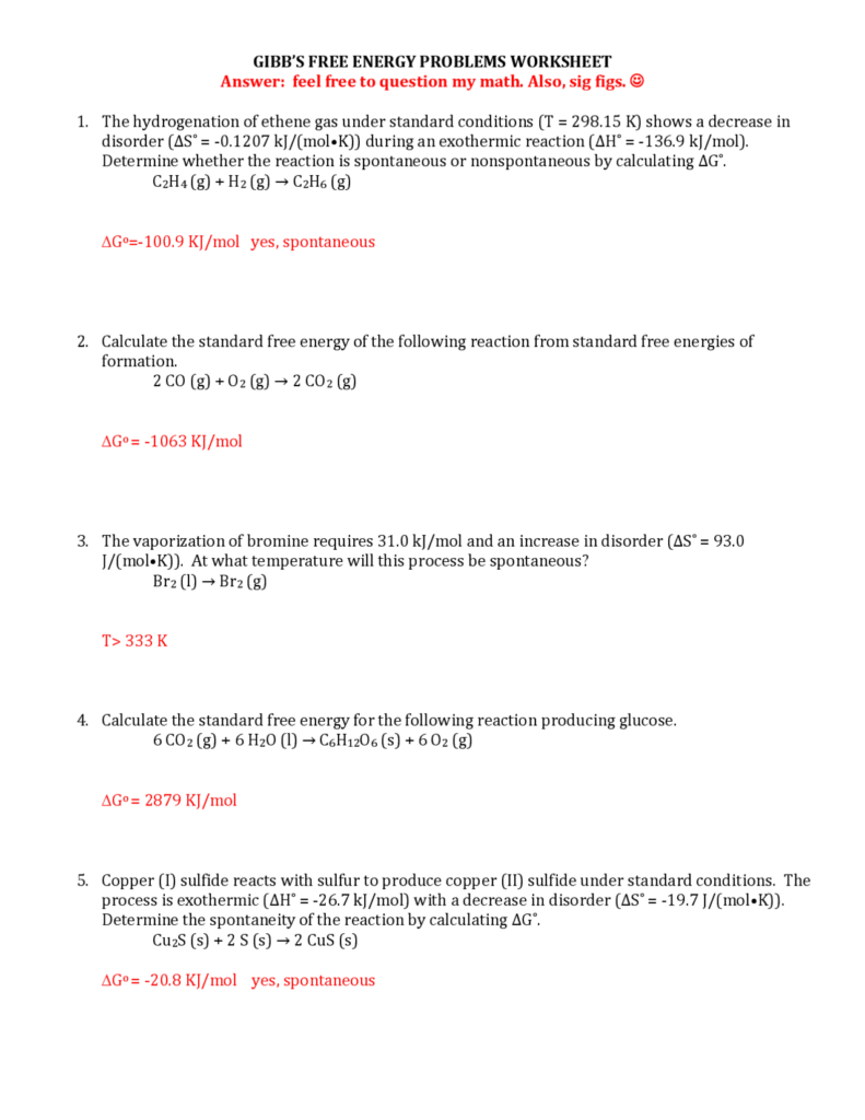 Chemistry worksheet with Gibbs free energy problems