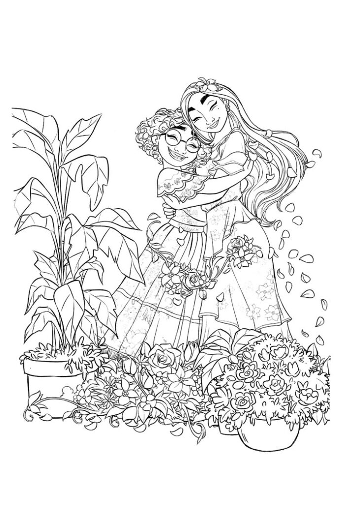 Two smiling girls hugging among flowers and plants