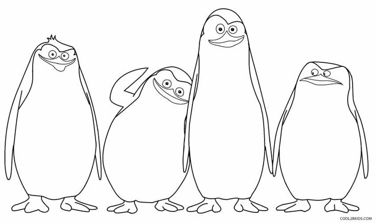 Four cartoon penguins standing together on white background