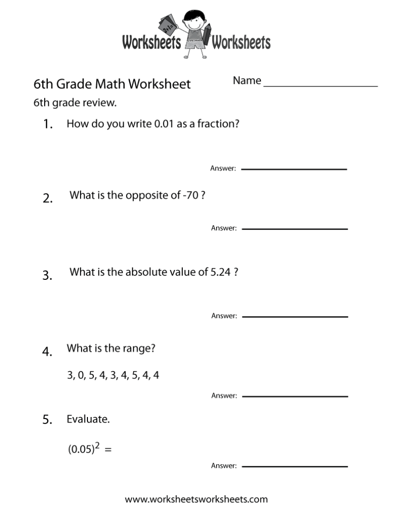 Sixth grade math worksheet with five problems