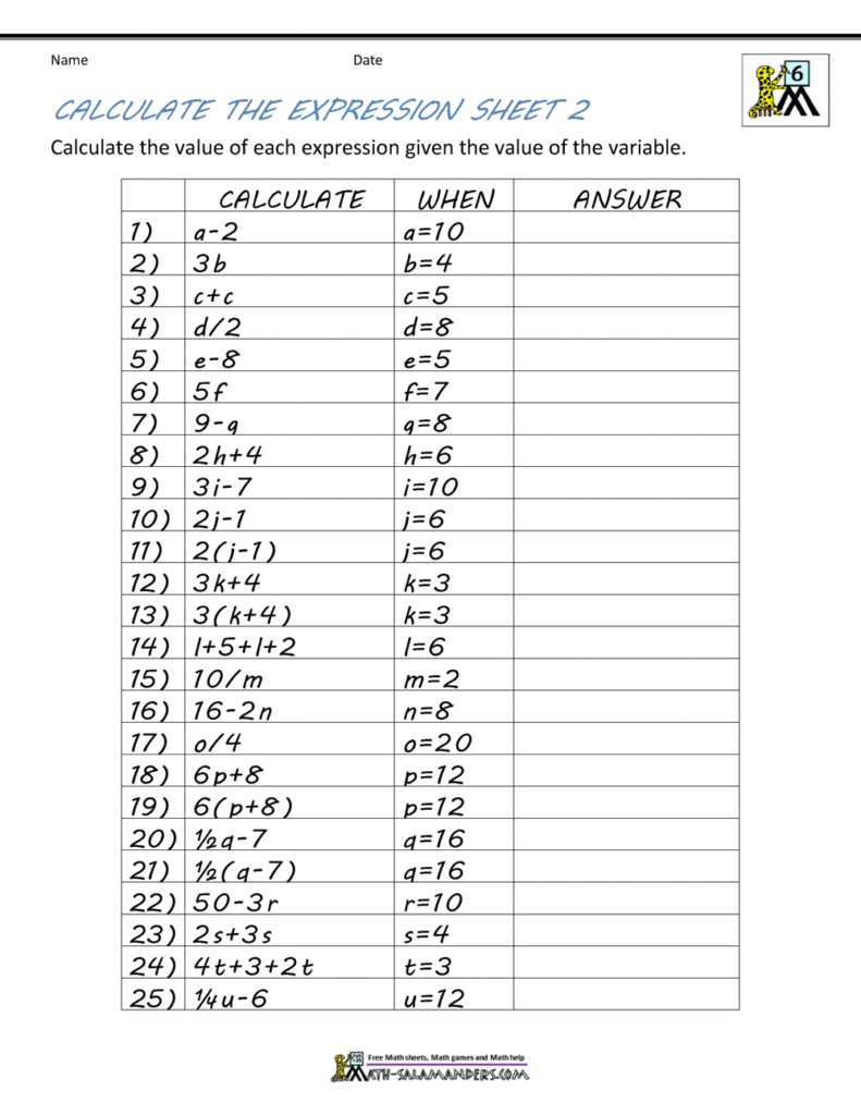 Math worksheet titled “Calculate the Expression Sheet 2