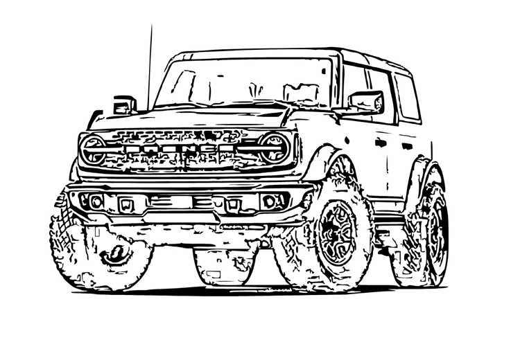 Black line drawing of an off-road SUV