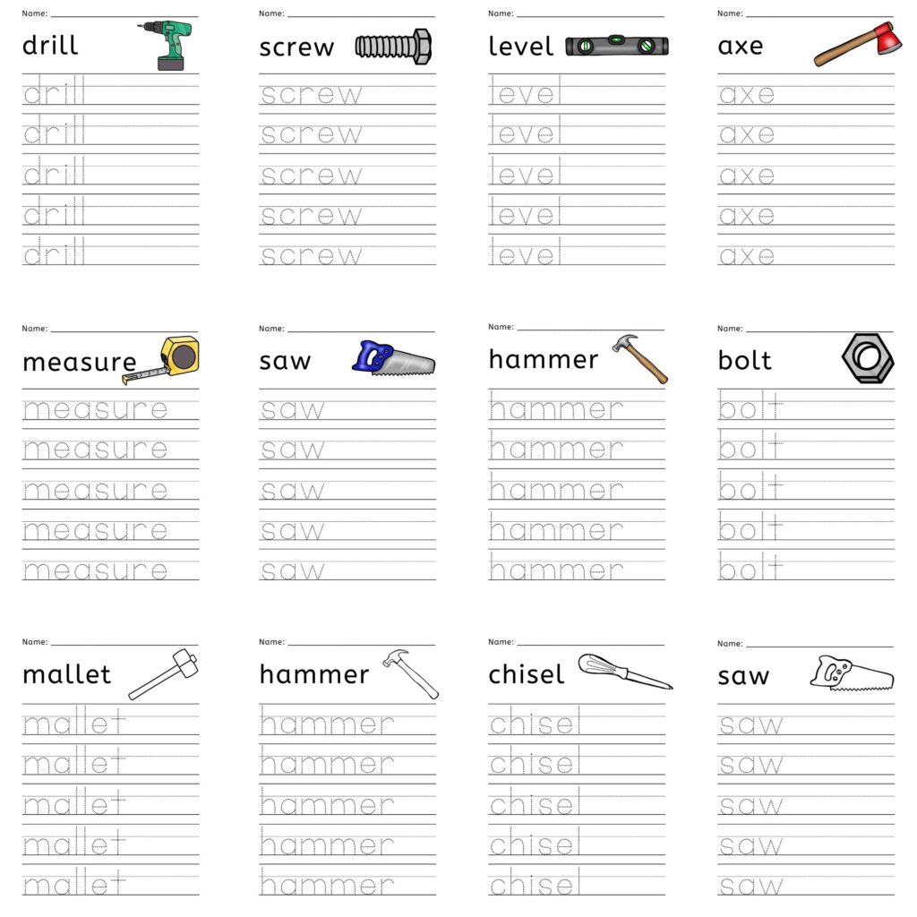 Worksheet pages with tool names and tracing lines
