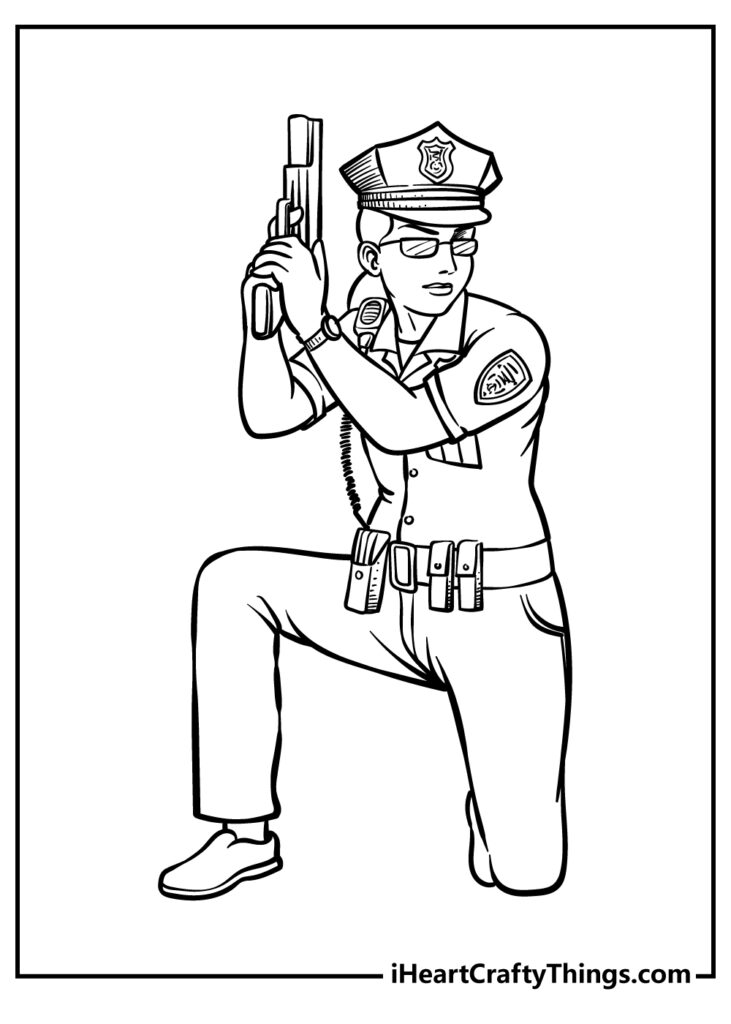 Line drawing of kneeling police officer holding gun