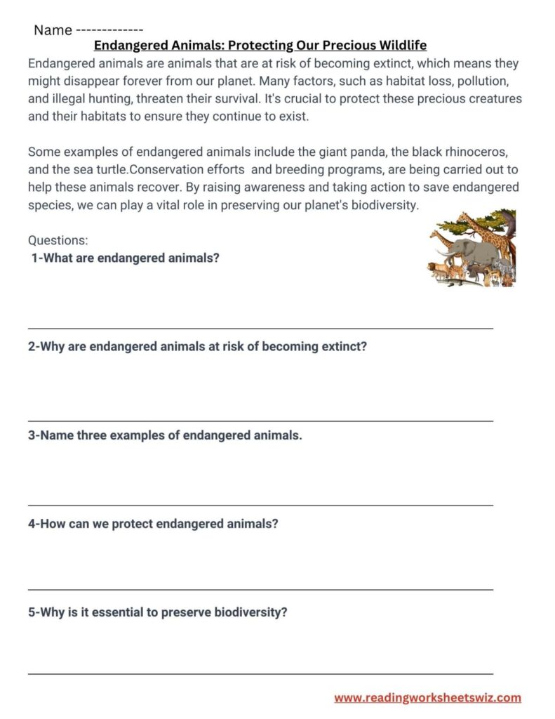 Endangered animals worksheet with questions and illustration