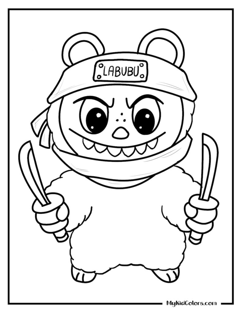 Cartoon creature holding two swords in coloring page