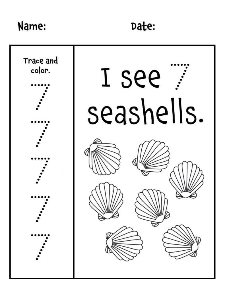 Worksheet with traced sevens and seashells