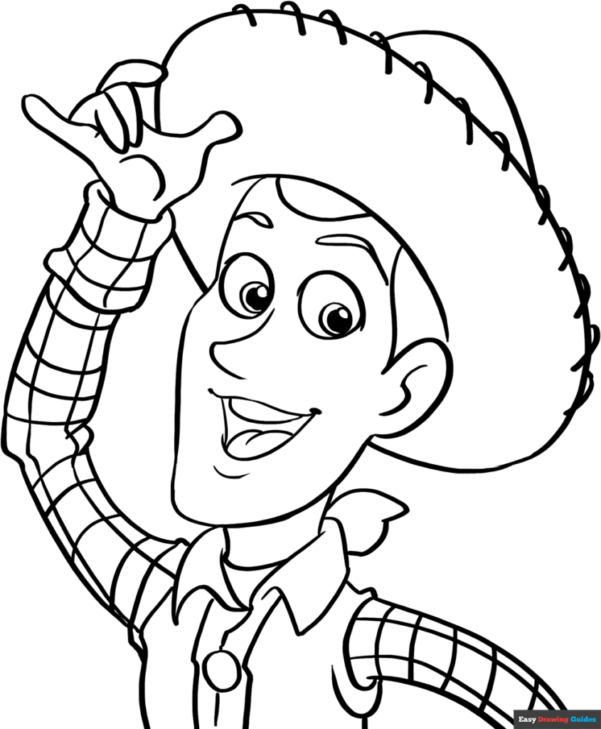 Line drawing of Woody tipping his hat and smiling