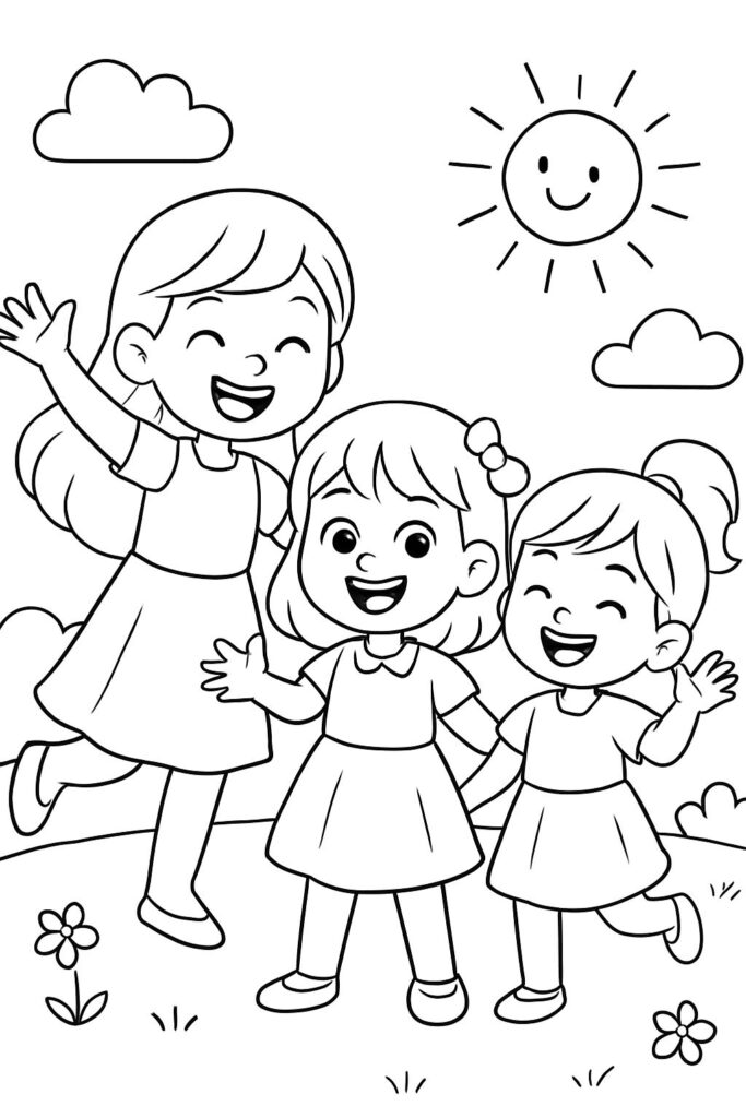 Three smiling girls outdoors under sun and clouds