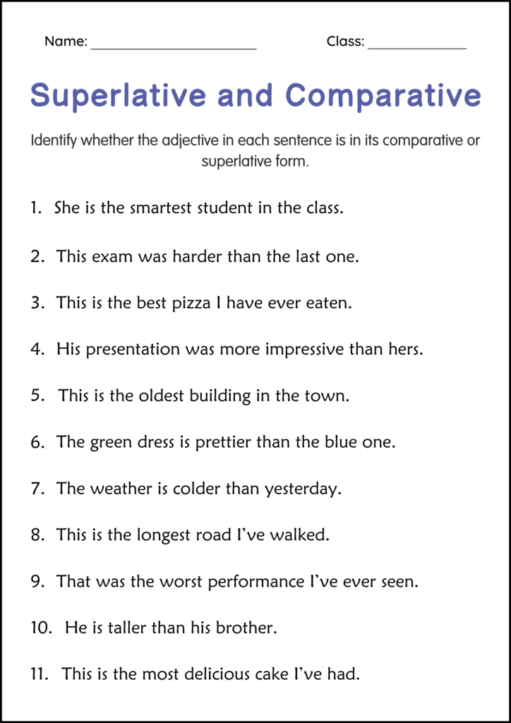 Grammar worksheet titled Superlative and Comparative with numbered sentences