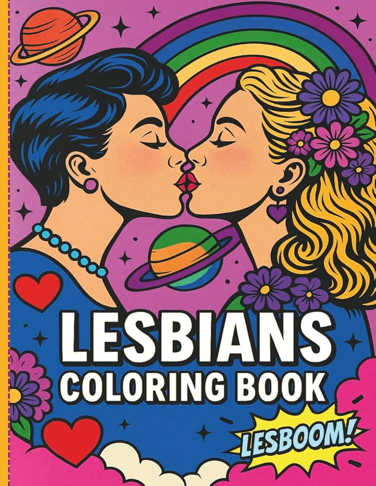 Two women kissing on colorful coloring book cover