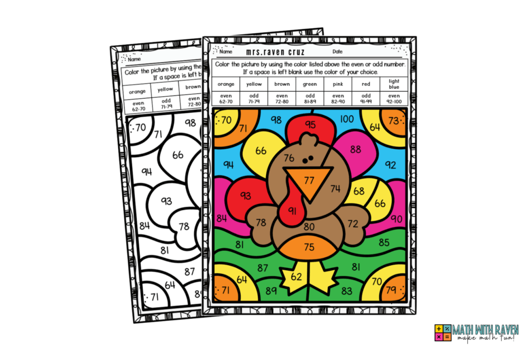 Two turkey color-by-number worksheets, one colored one blank