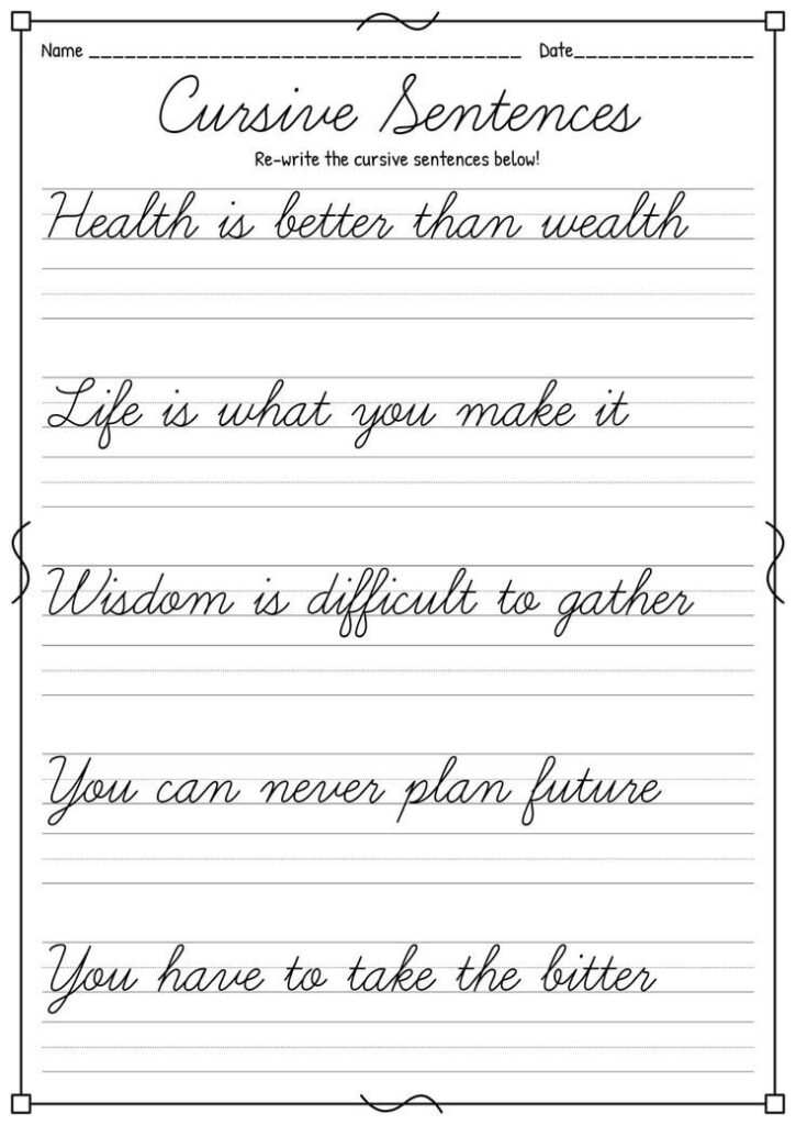 Cursive sentences worksheet with five handwritten phrases