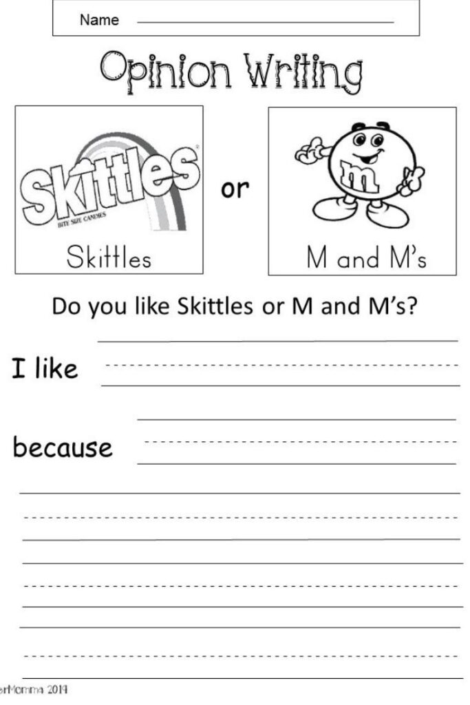 Opinion writing worksheet about Skittles or M&Ms