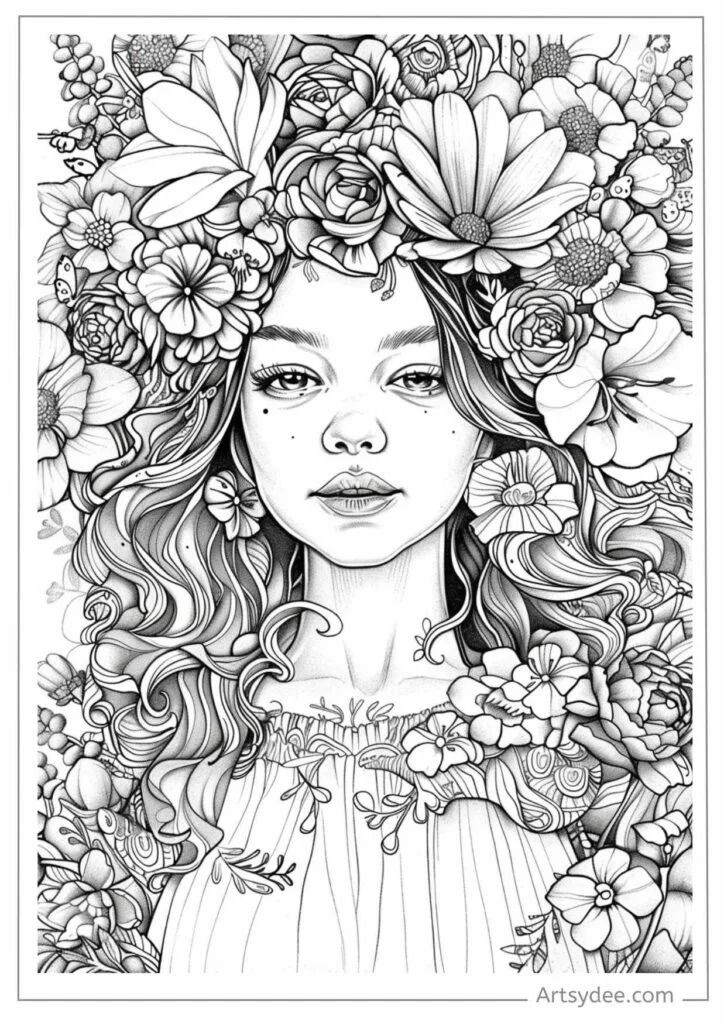 Black-and-white portrait of woman surrounded by flowers