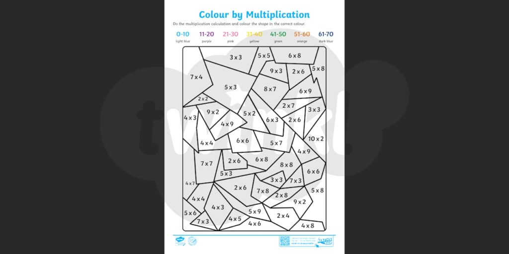 Multiplication coloring worksheet with numbered geometric shapes
