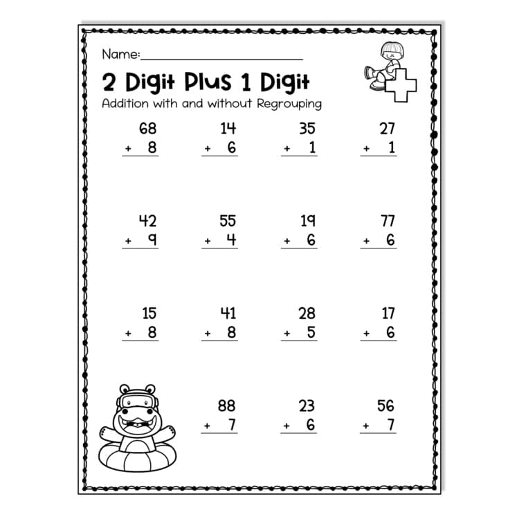 Black-and-white two-digit plus one-digit addition worksheet