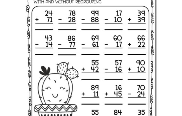 Black-and-white math worksheet with cactus illustration and equations