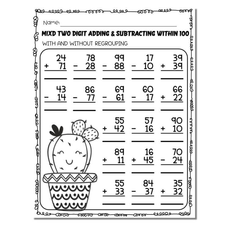 Black-and-white math worksheet with cactus illustration and equations