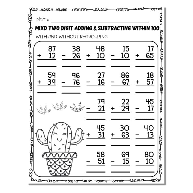Black-and-white cactus math worksheet with equations