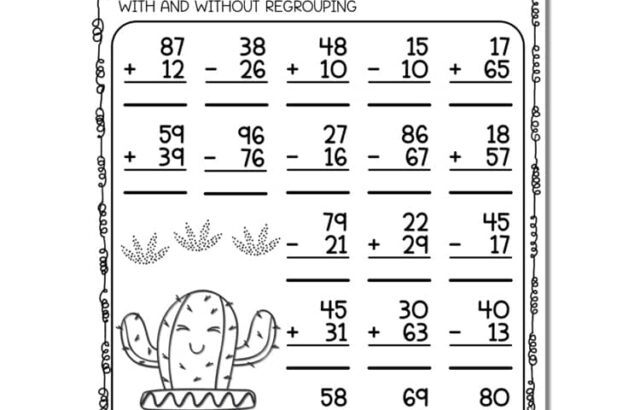 Two-digit addition and subtraction worksheet with cactus illustration