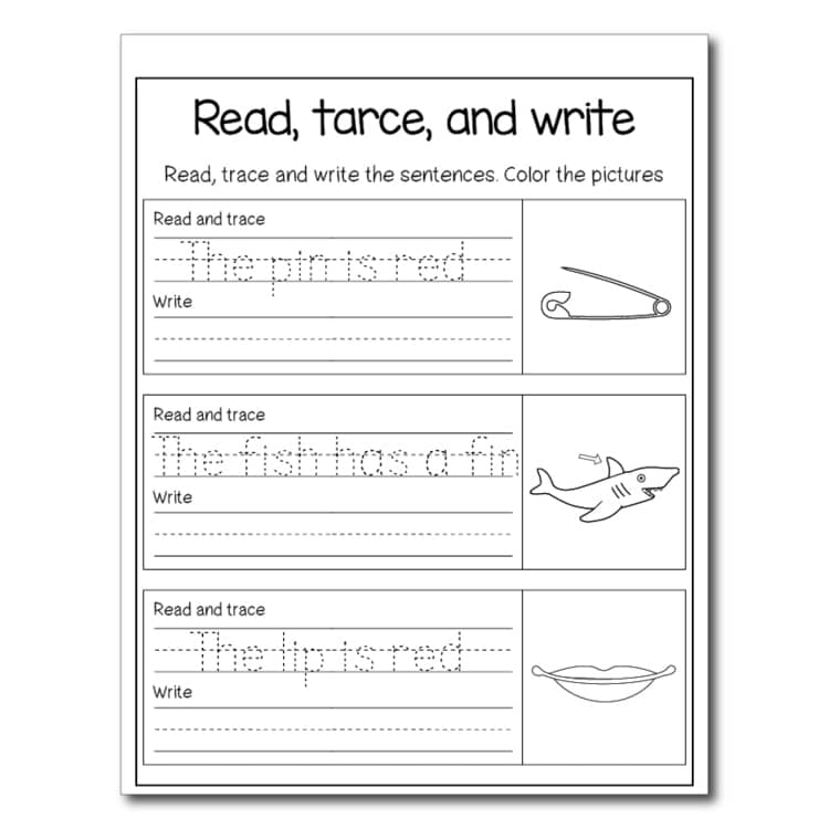 Printable reading and tracing worksheet with fish pictures