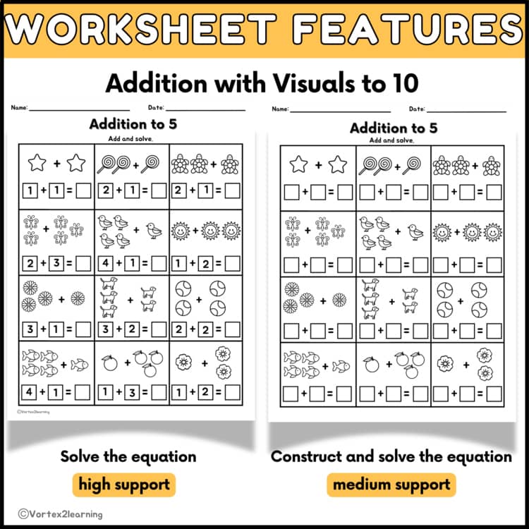 Two addition worksheet pages with picture problems and equations