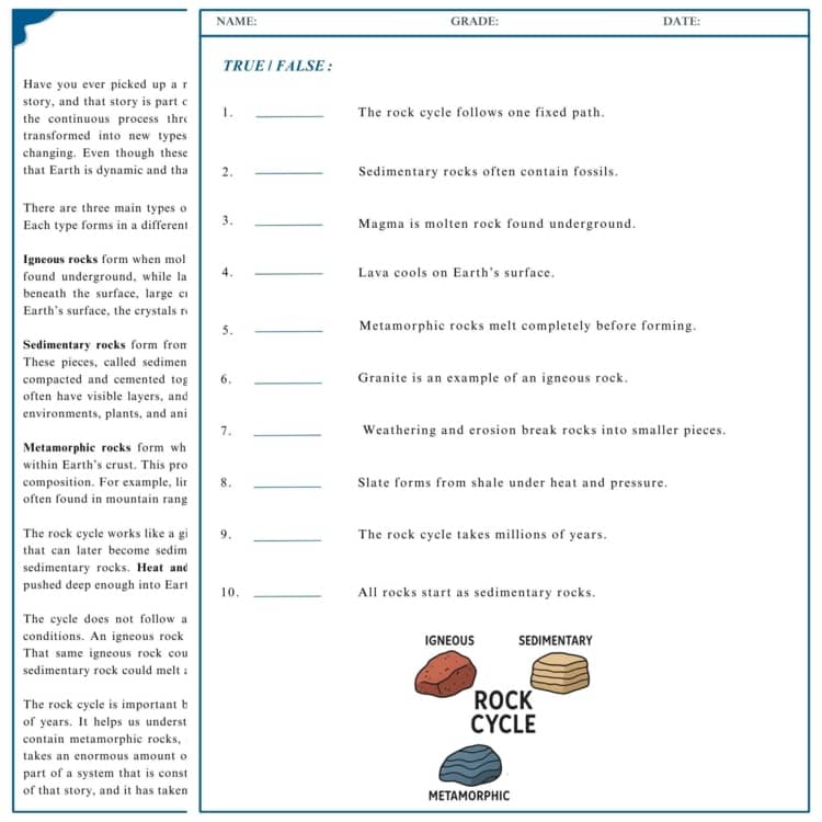 Rock cycle true-false worksheet with text and diagrams