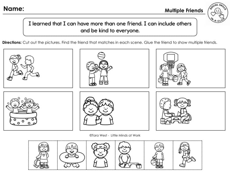 Black-and-white friendship worksheet with six cartoon scenes and cutouts
