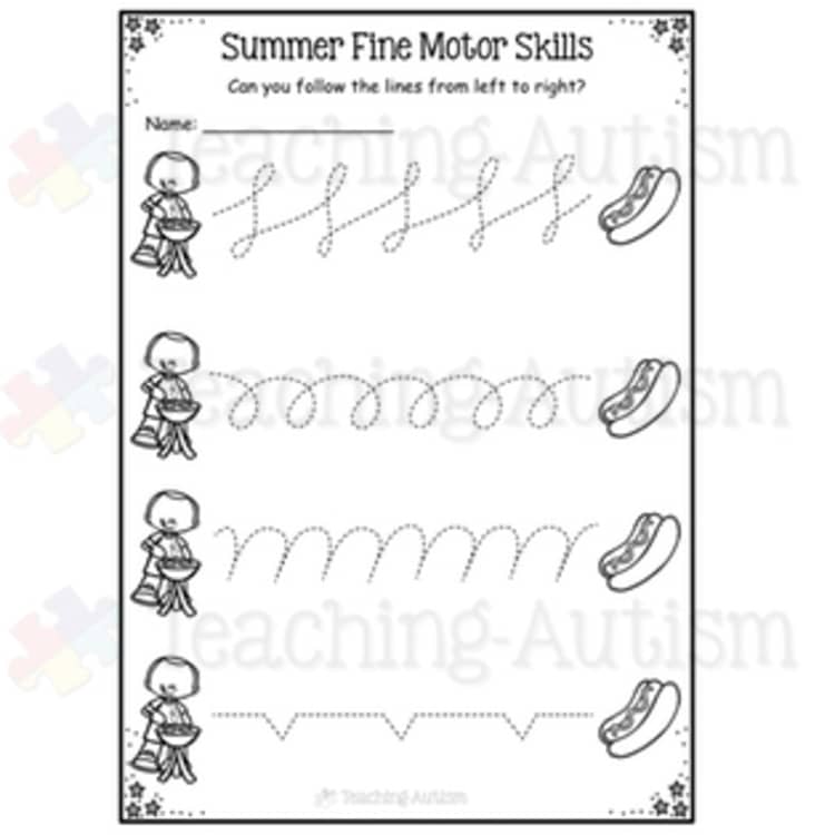 Summer fine motor skills worksheet with dotted line tracing paths